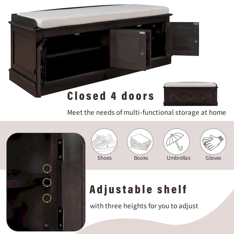 Banc de rangement avec 4 portes et étagères réglables, Banc à chaussures avec coussin amovible pour Salon, Entrée