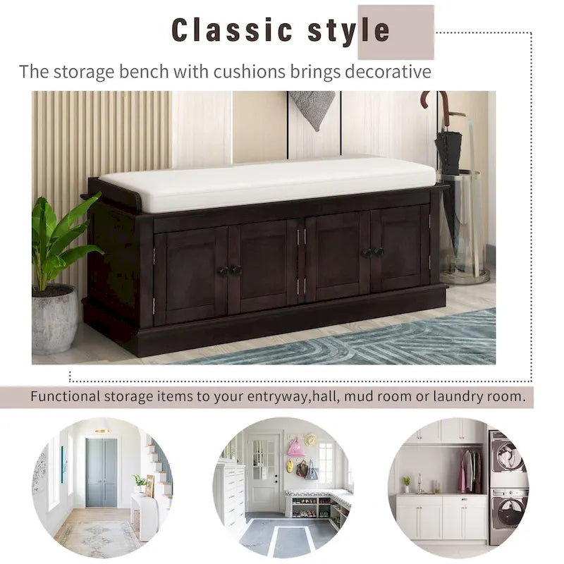 Banc de rangement avec 4 portes et étagères réglables, Banc à chaussures avec coussin amovible pour Salon, Entrée