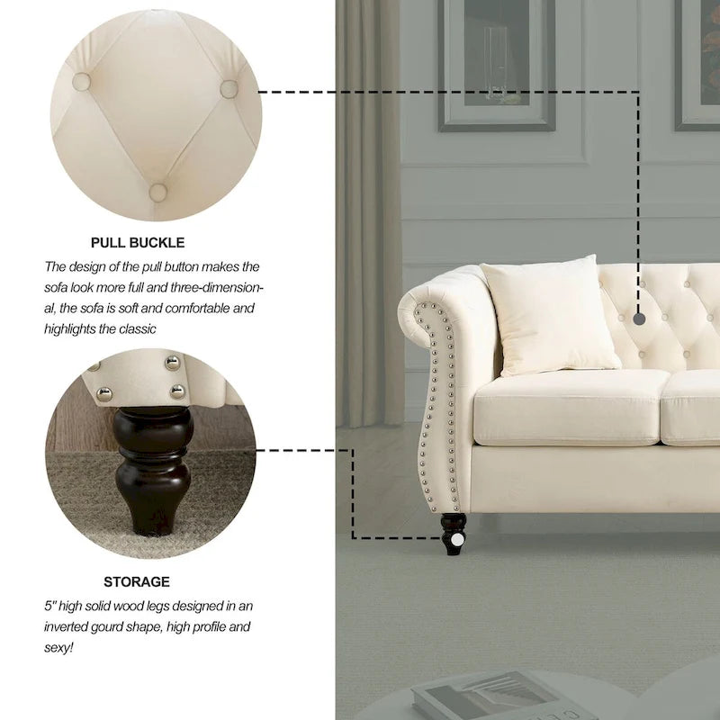 80 Chesterfield Sofa Beige Velvet for Living Room, 3 Seater Sofa Tufted Couch with Rolled Arms and Nailhead , two pillows