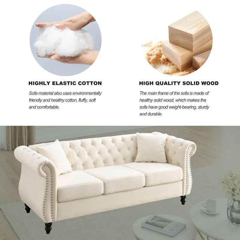 80 Chesterfield Sofa Beige Velvet for Living Room, 3 Seater Sofa Tufted Couch with Rolled Arms and Nailhead , two pillows