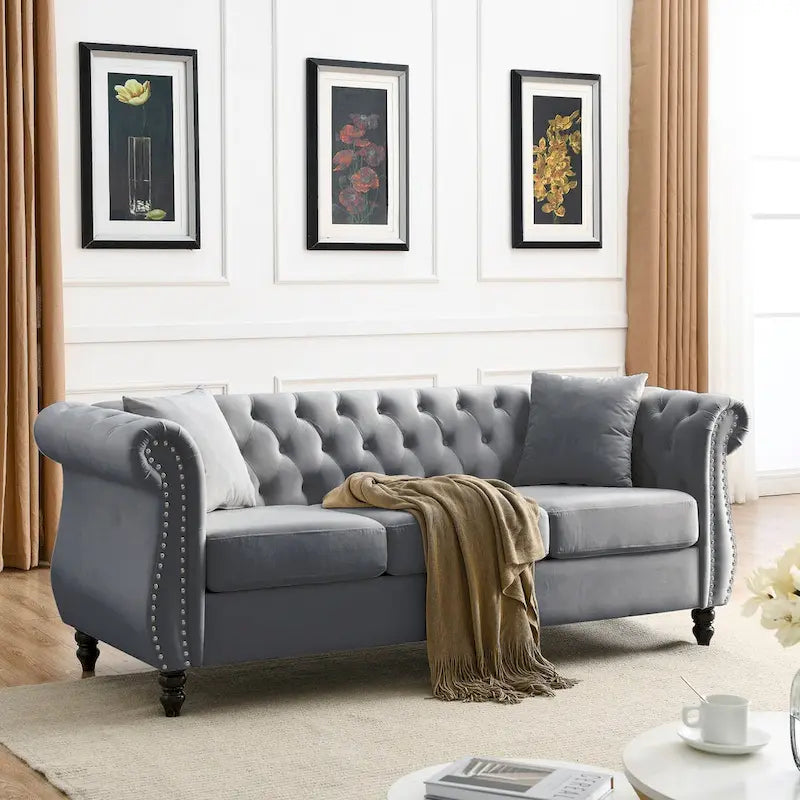 80 Chesterfield Sofa Beige Velvet for Living Room, 3 Seater Sofa Tufted Couch with Rolled Arms and Nailhead , two pillows