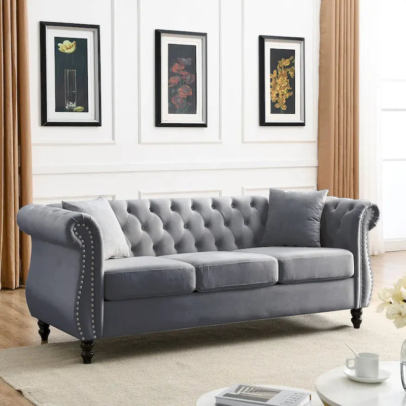 80 Chesterfield Sofa Beige Velvet for Living Room, 3 Seater Sofa Tufted Couch with Rolled Arms and Nailhead , two pillows