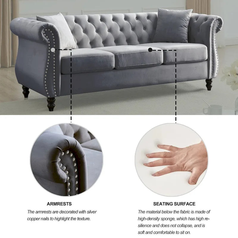 80 Chesterfield Sofa Beige Velvet for Living Room, 3 Seater Sofa Tufted Couch with Rolled Arms and Nailhead , two pillows
