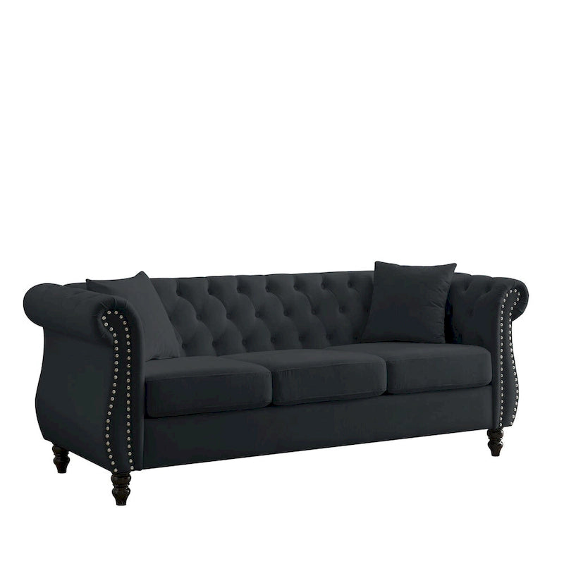80 Chesterfield Sofa Beige Velvet for Living Room, 3 Seater Sofa Tufted Couch with Rolled Arms and Nailhead , two pillows