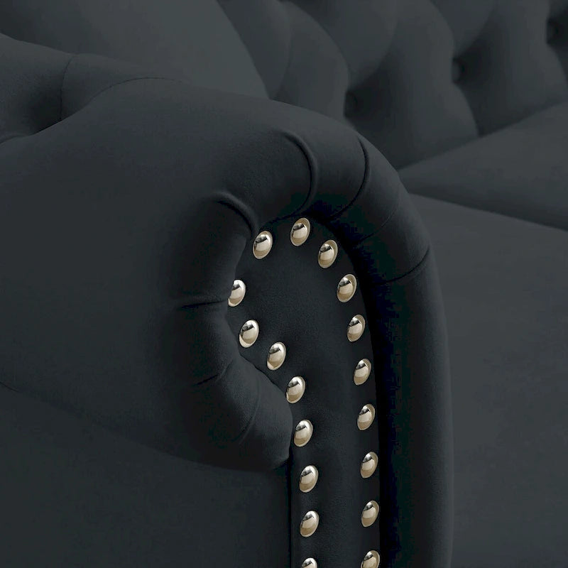80 Chesterfield Sofa Beige Velvet for Living Room, 3 Seater Sofa Tufted Couch with Rolled Arms and Nailhead , two pillows