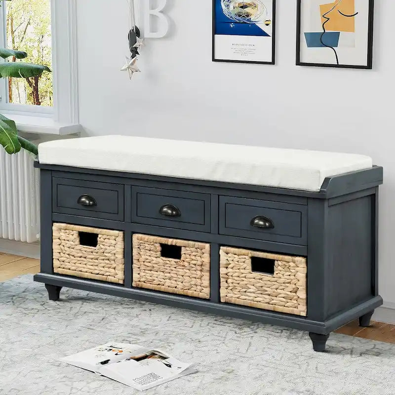 Classic Farmhouse Style Storage Bench with a Removable Linen Blend Seat Cushion