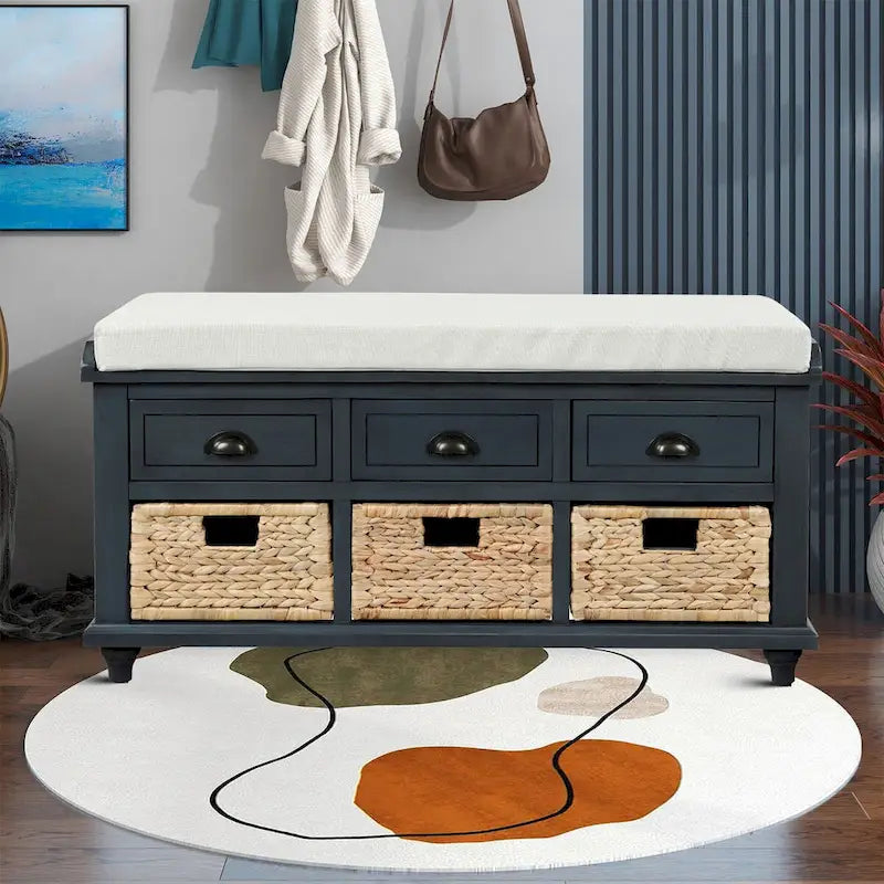 Banc de rangement de style ferme classique avec un coussin de siège amovible en mélange de lin