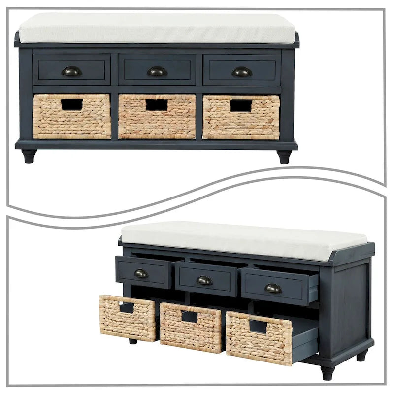 Banc de rangement de style ferme classique avec un coussin de siège amovible en mélange de lin