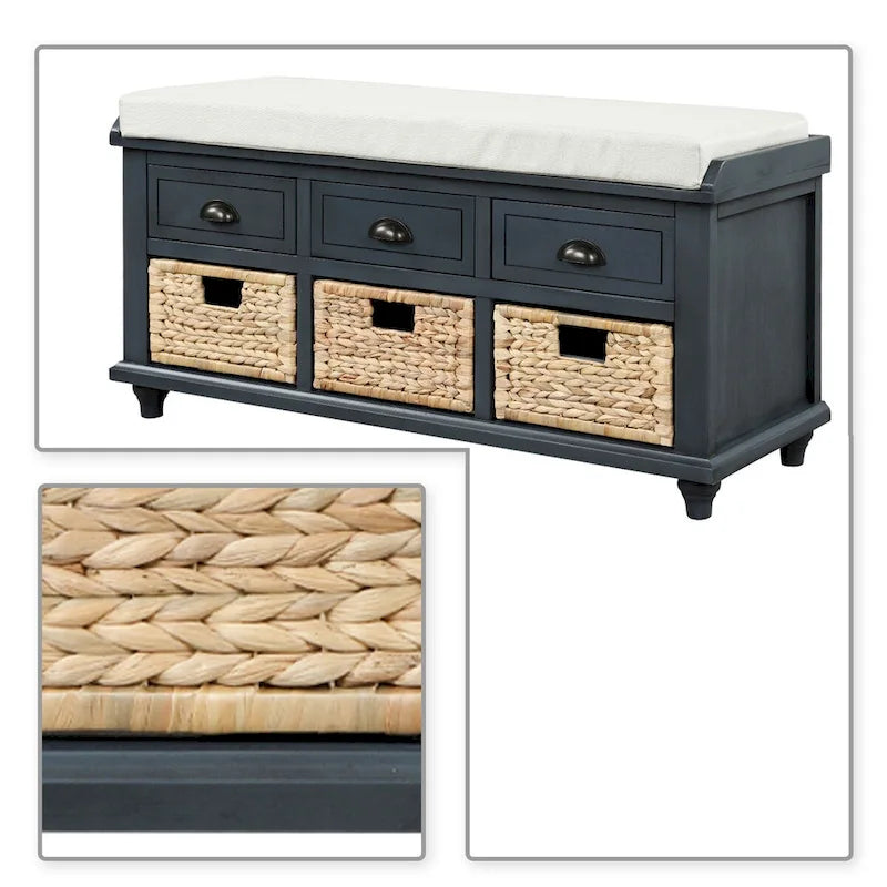 Banc de rangement de style ferme classique avec un coussin de siège amovible en mélange de lin
