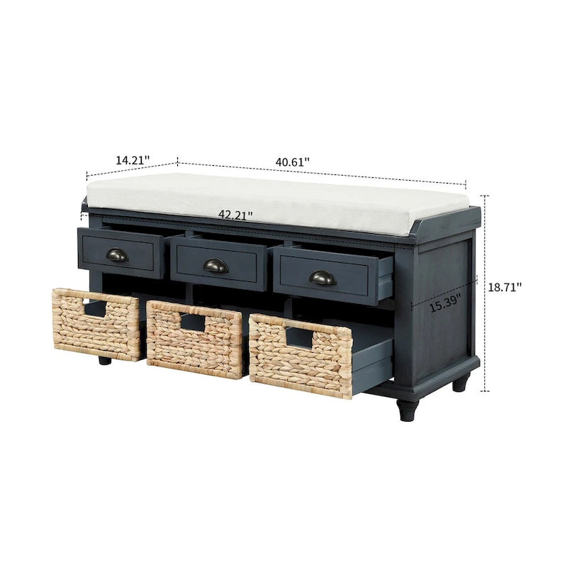 Banc de rangement de style ferme classique avec un coussin de siège amovible en mélange de lin