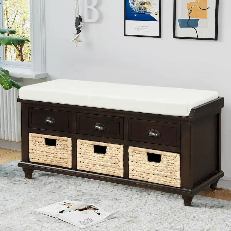 Banc de rangement de style ferme classique avec un coussin de siège amovible en mélange de lin