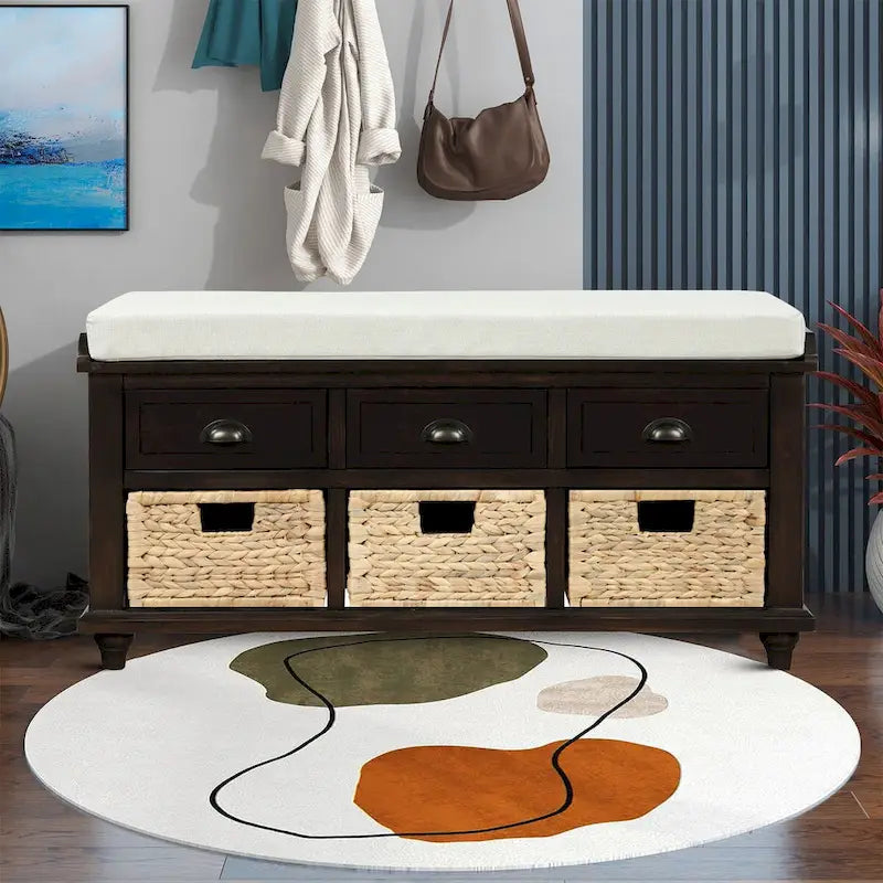 Banc de rangement de style ferme classique avec un coussin de siège amovible en mélange de lin