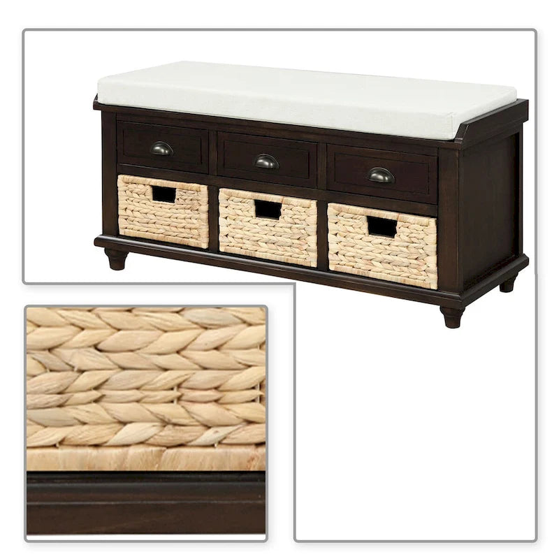 Banc de rangement de style ferme classique avec un coussin de siège amovible en mélange de lin