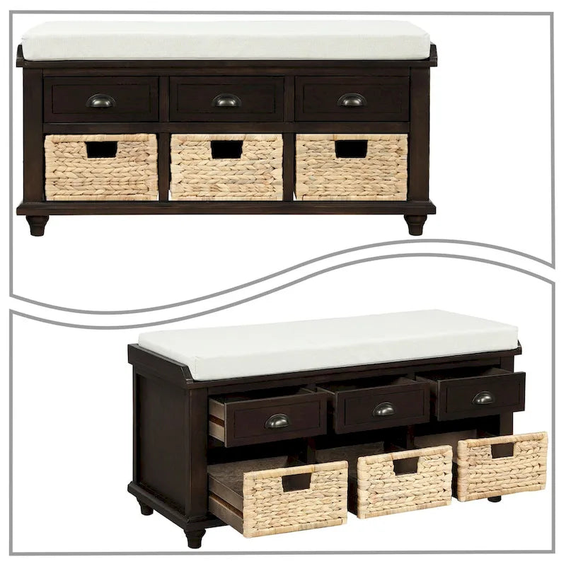 Banc de rangement de style ferme classique avec un coussin de siège amovible en mélange de lin
