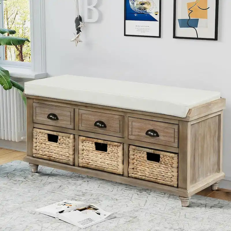 Banc de rangement de style ferme classique avec un coussin de siège amovible en mélange de lin