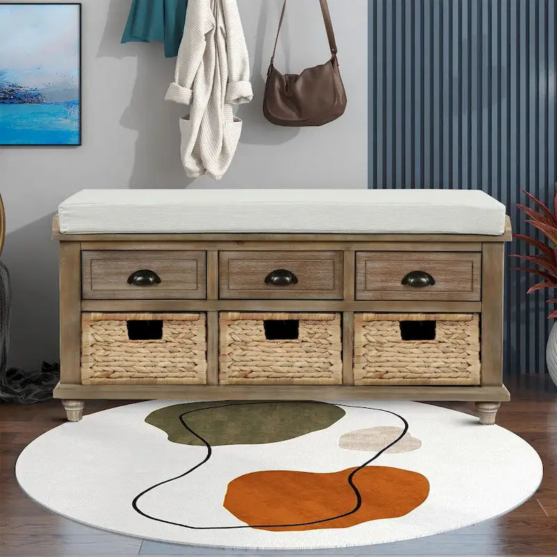 Banc de rangement de style ferme classique avec un coussin de siège amovible en mélange de lin