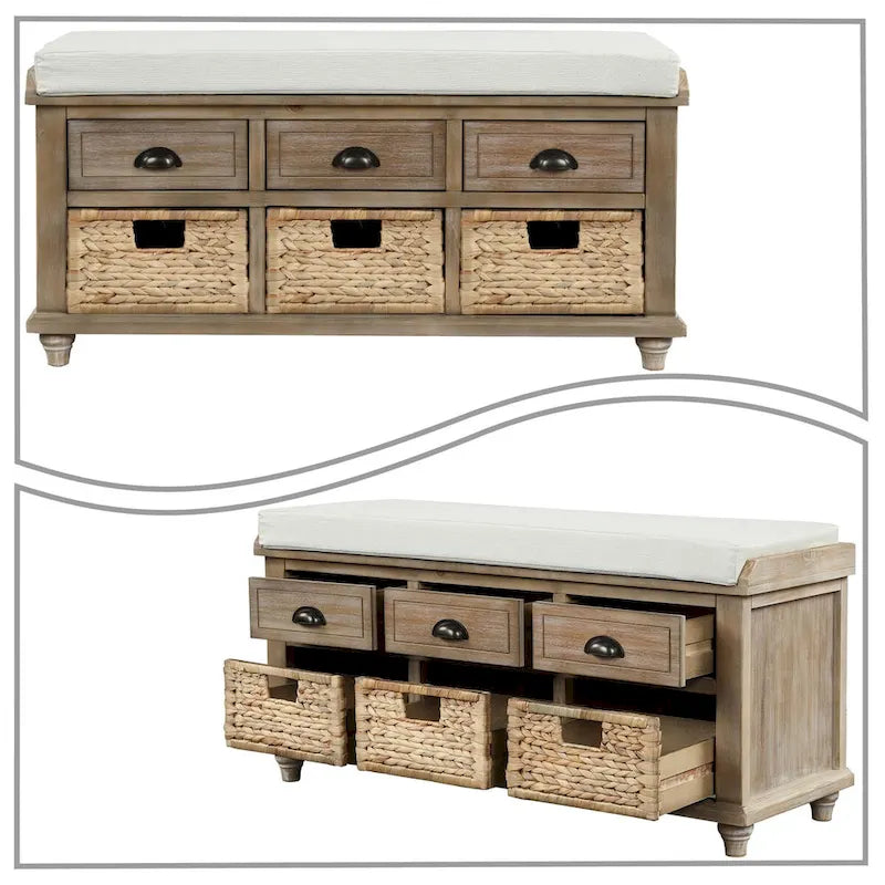 Banc de rangement de style ferme classique avec un coussin de siège amovible en mélange de lin