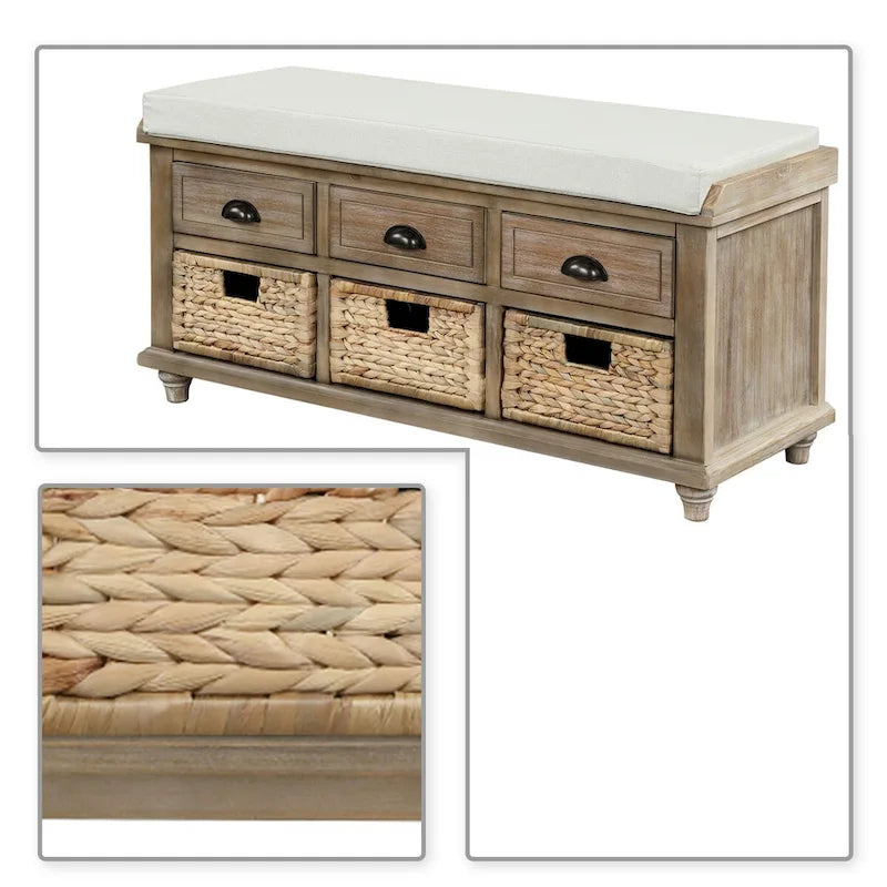 Banc de rangement de style ferme classique avec un coussin de siège amovible en mélange de lin
