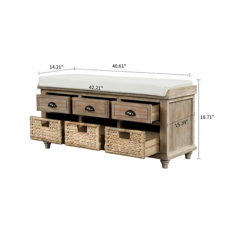 Banc de rangement de style ferme classique avec un coussin de siège amovible en mélange de lin