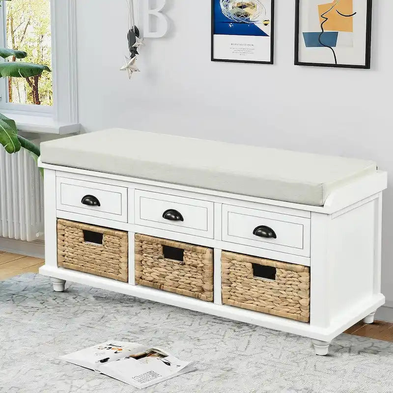 Banc de rangement de style ferme classique avec un coussin de siège amovible en mélange de lin