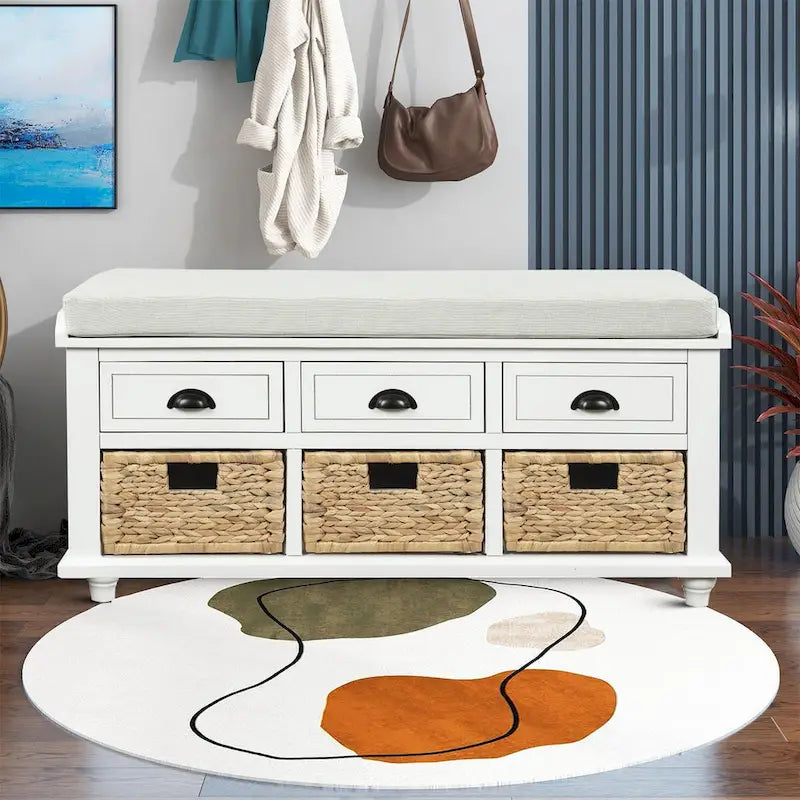 Banc de rangement de style ferme classique avec un coussin de siège amovible en mélange de lin