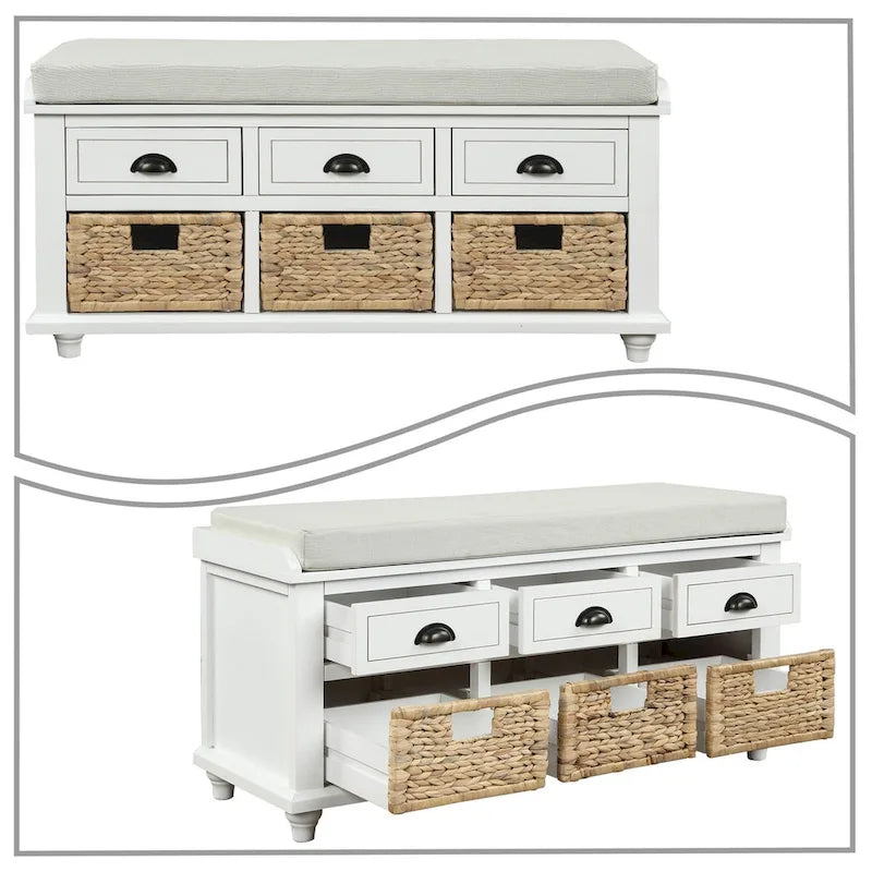 Banc de rangement de style ferme classique avec un coussin de siège amovible en mélange de lin