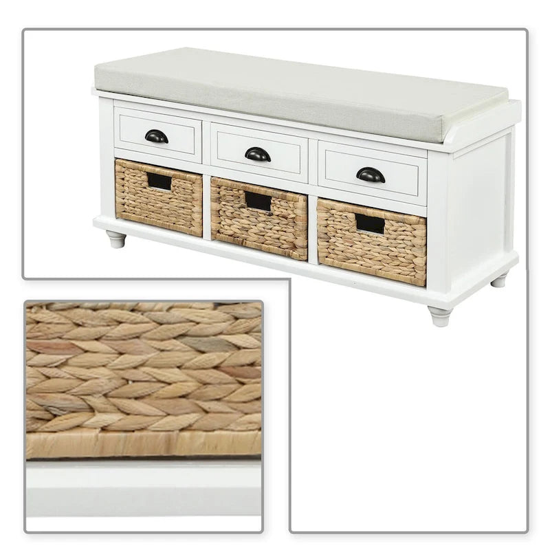 Banc de rangement de style ferme classique avec un coussin de siège amovible en mélange de lin