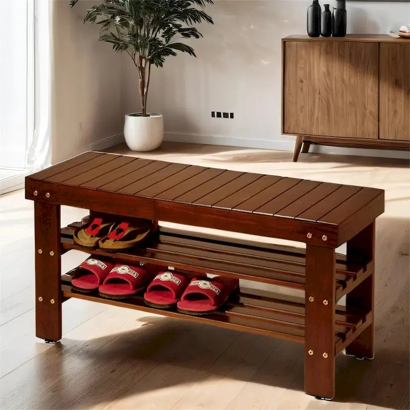 Wood Shoe Bench with Shelf and Legs