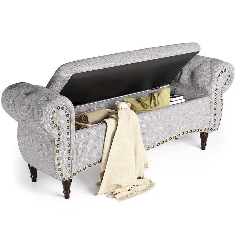 Banc ottoman de rangement capitonné de 135 cm avec accoudoirs roulés et garniture cloutée pour chambre à coucher, salon, entrée