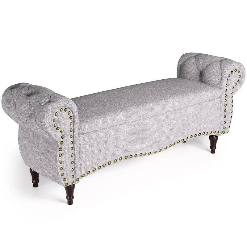 Banc ottoman de rangement capitonné de 135 cm avec accoudoirs roulés et garniture cloutée pour chambre à coucher, salon, entrée