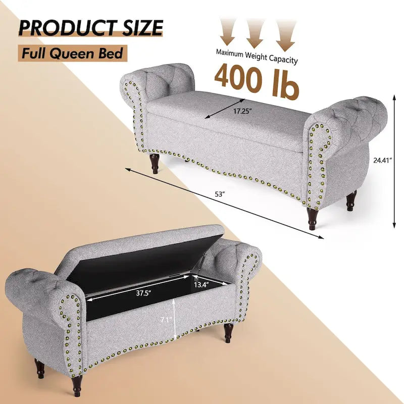 Banc ottoman de rangement capitonné de 135 cm avec accoudoirs roulés et garniture cloutée pour chambre à coucher, salon, entrée