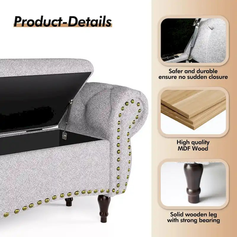 Banc ottoman de rangement capitonné de 135 cm avec accoudoirs roulés et garniture cloutée pour chambre à coucher, salon, entrée
