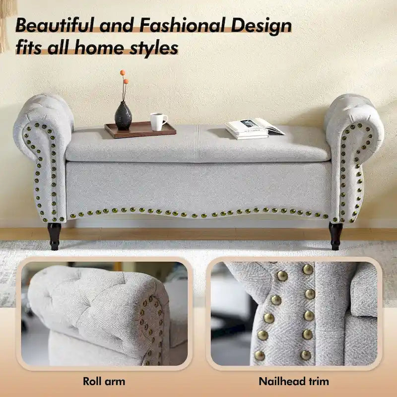 Banc ottoman de rangement capitonné de 135 cm avec accoudoirs roulés et garniture cloutée pour chambre à coucher, salon, entrée