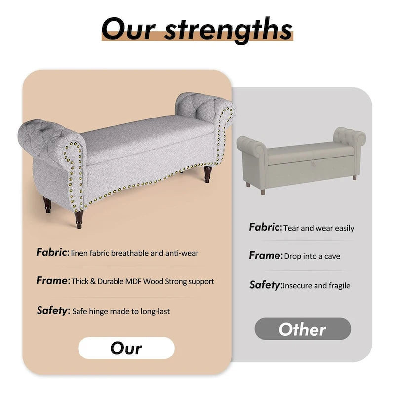 Banc ottoman de rangement capitonné de 135 cm avec accoudoirs roulés et garniture cloutée pour chambre à coucher, salon, entrée