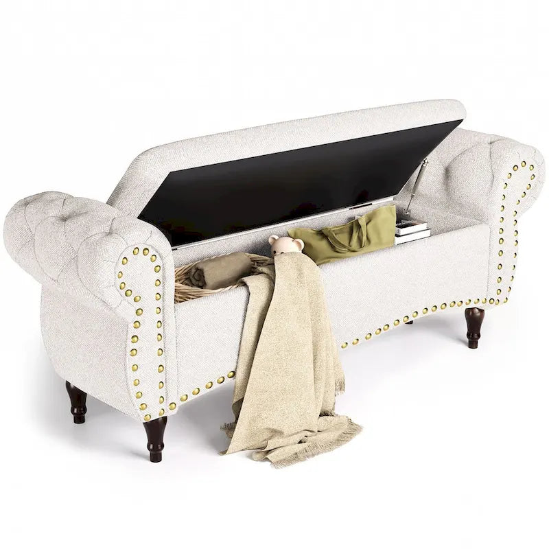 Banc ottoman de rangement capitonné de 135 cm avec accoudoirs roulés et garniture cloutée pour chambre à coucher, salon, entrée