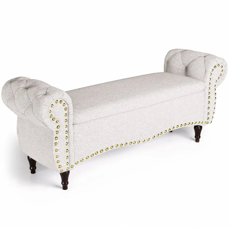 Banc ottoman de rangement capitonné de 135 cm avec accoudoirs roulés et garniture cloutée pour chambre à coucher, salon, entrée