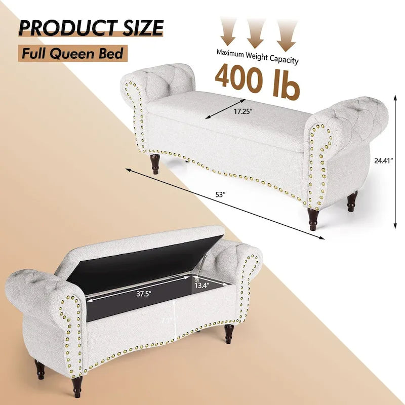 Banc ottoman de rangement capitonné de 135 cm avec accoudoirs roulés et garniture cloutée pour chambre à coucher, salon, entrée