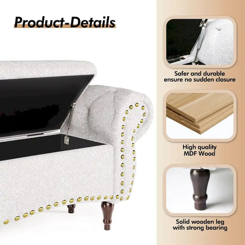 Banc ottoman de rangement capitonné de 135 cm avec accoudoirs roulés et garniture cloutée pour chambre à coucher, salon, entrée