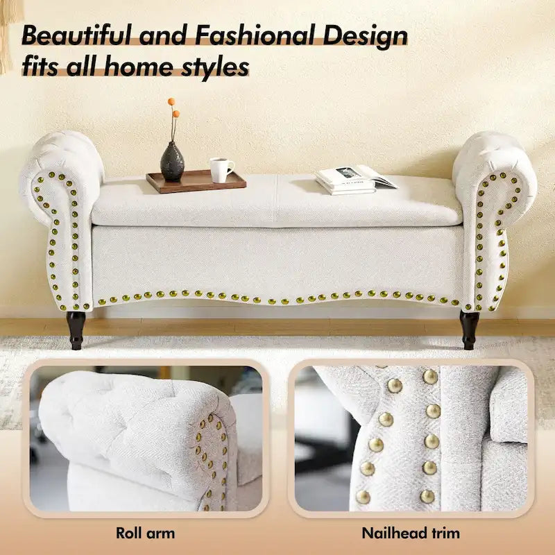 Banc ottoman de rangement capitonné de 135 cm avec accoudoirs roulés et garniture cloutée pour chambre à coucher, salon, entrée