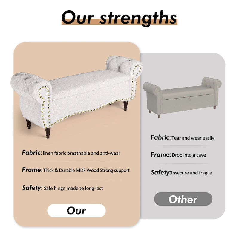 Banc ottoman de rangement capitonné de 135 cm avec accoudoirs roulés et garniture cloutée pour chambre à coucher, salon, entrée