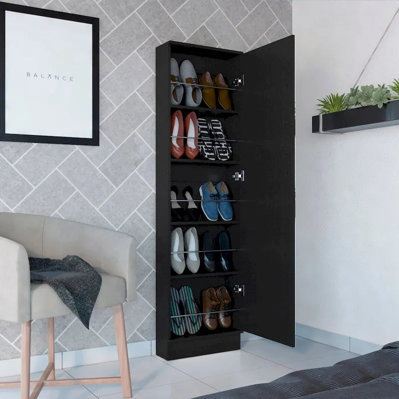 Shoe Rack Chimg, Mirror, Five Interior Shelves, Single Door Cabinet, White Finish