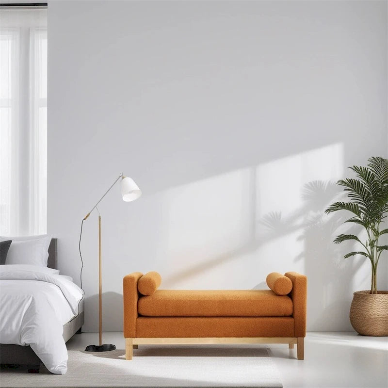 Elegant Upholstered Bench,Ottoman with Wood Legs & Bolster Pillows
