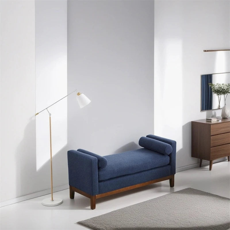 Elegant Upholstered Bench,Ottoman with Wood Legs & Bolster Pillows