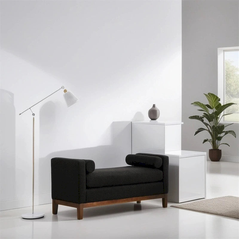 Elegant Upholstered Bench,Ottoman with Wood Legs & Bolster Pillows