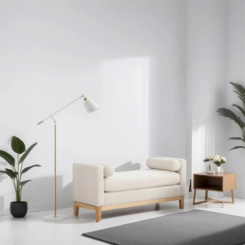 Elegant Upholstered Bench,Ottoman with Wood Legs & Bolster Pillows