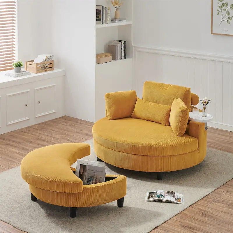 Corduroy Sofa Chair with Ottoman, 2 Throw Pillows and 1 Waist Pillow