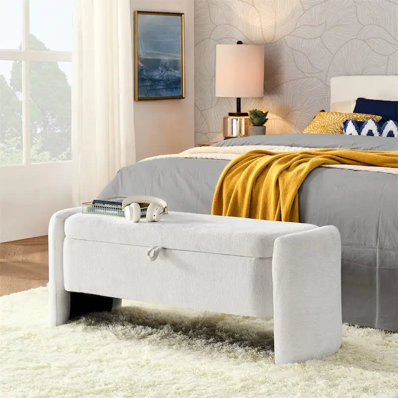Banc de rangement ottoman ovale en tissu chenille avec grand espace de rangement
