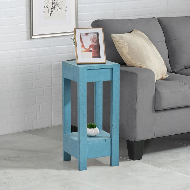 Modern Classic Blue/Grey Square Wooden Light End Table, Side Table
