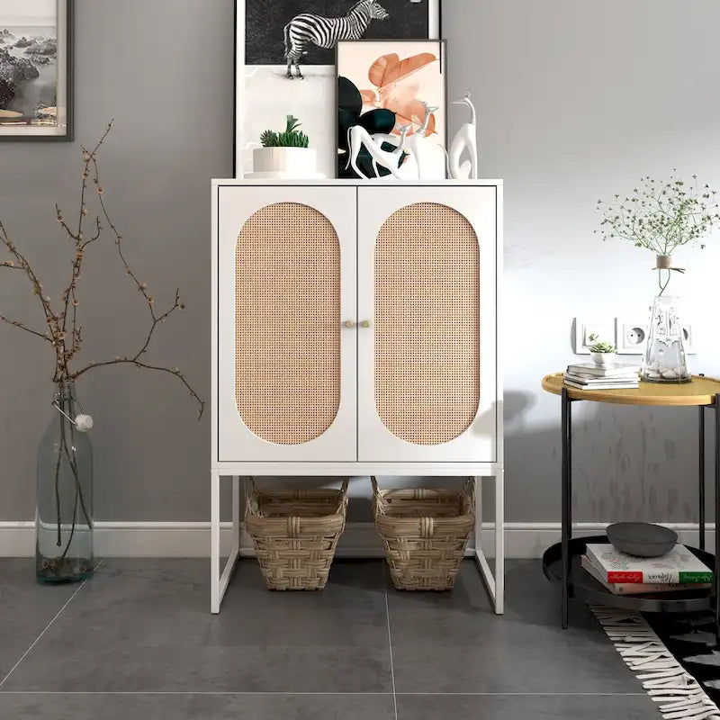 Meuble Haut en Rotin Naturel 2 Portes, Étagère Réglable, Montage Facile, Armoire Autonome pour Salon Chambre à Coucher