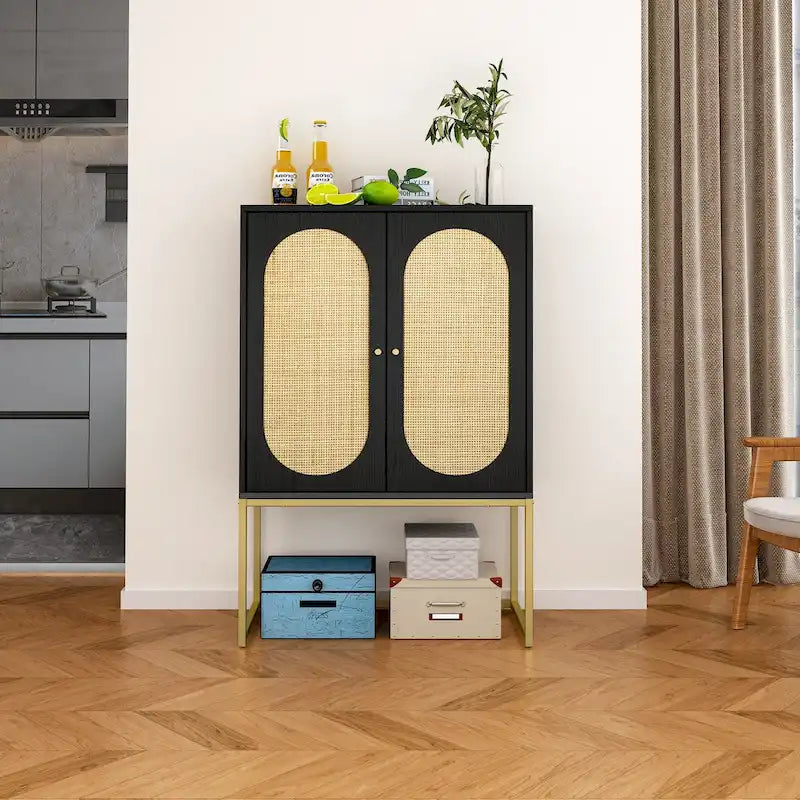 Meuble Haut en Rotin Naturel 2 Portes, Étagère Réglable, Montage Facile, Armoire Autonome pour Salon Chambre à Coucher